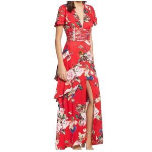 AFRM Micah Corset Tiered Maxi Floral Dress with Slit Flutter Sleeves Size XS